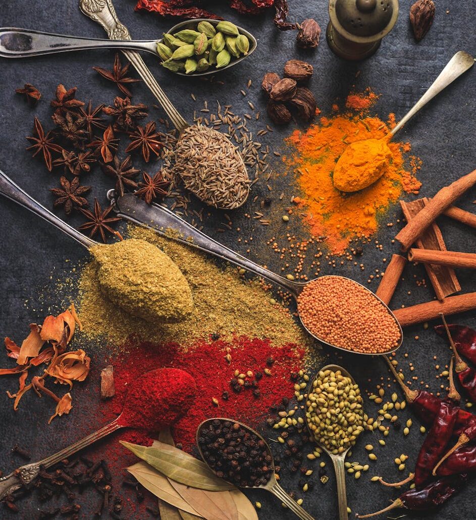 Vibrant array of spices including turmeric, cumin, and chili arranged on a dark surface.